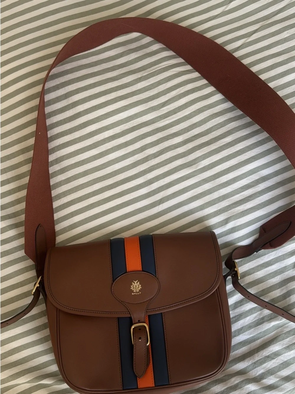 Bally Brown Leather Crossbody Bag with Navy and Orange Stripes